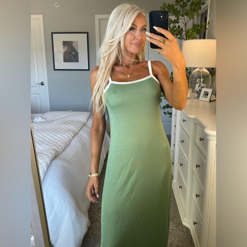 Classic Sage Green Maxi Dress with White Trim